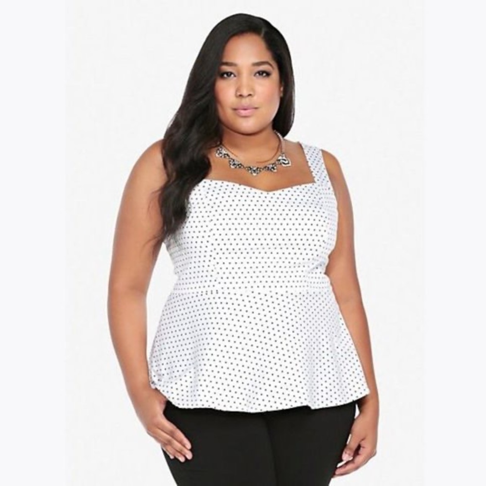 Torrid White & Black Cutout Back Peplum Sateen Top